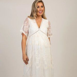 PinkBlush Cream Lace Mesh Overlay Maternity Maxi Dress